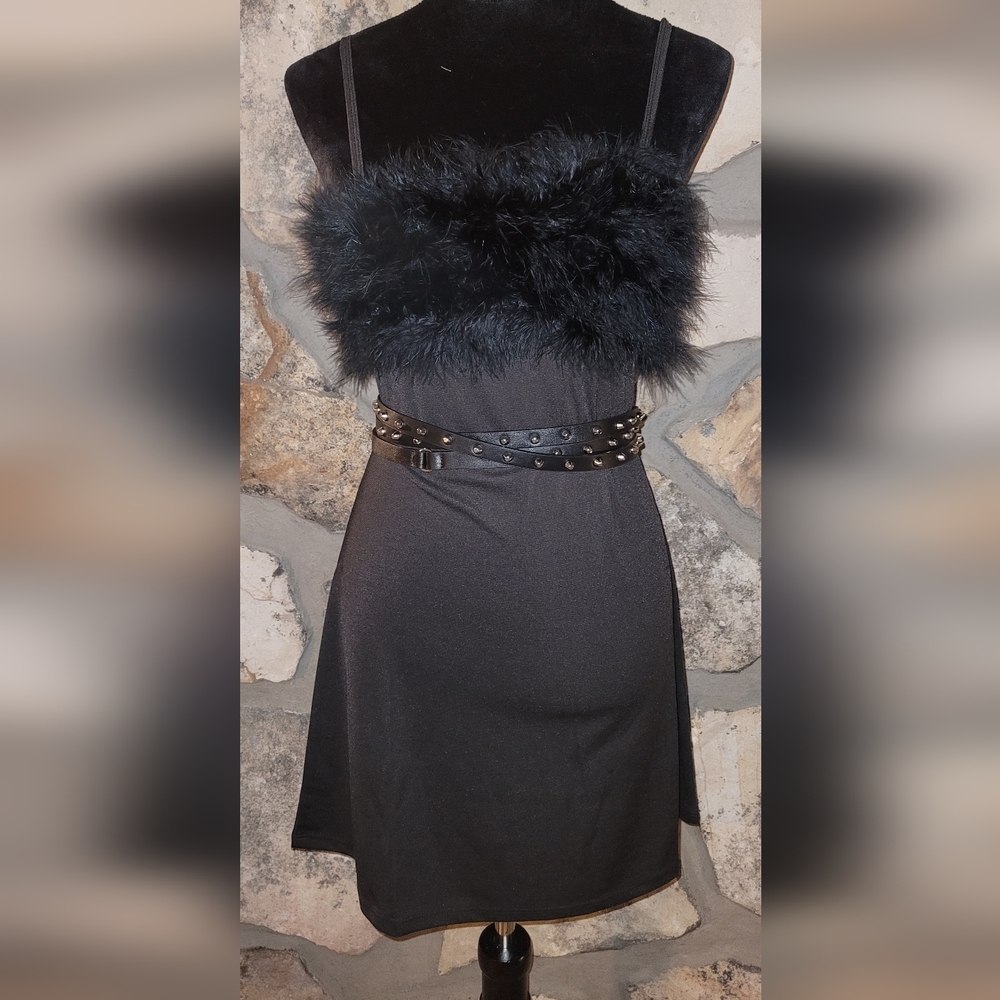 DOLLS KILL SUGAR THRILLZ Black Faux Fur Trim Dress with Studded Belt